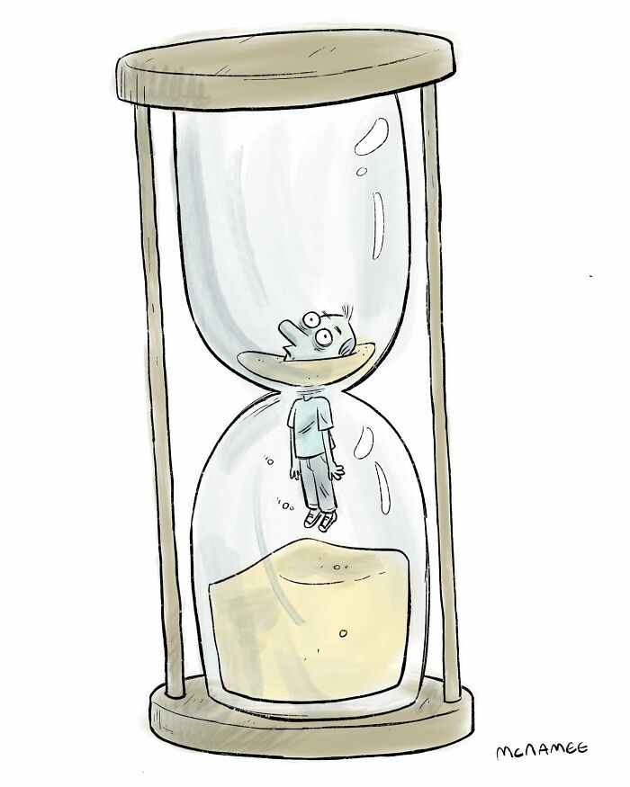 A cartoon man stuck in an hourglass, showcasing a hilariously twisted comic illustration.