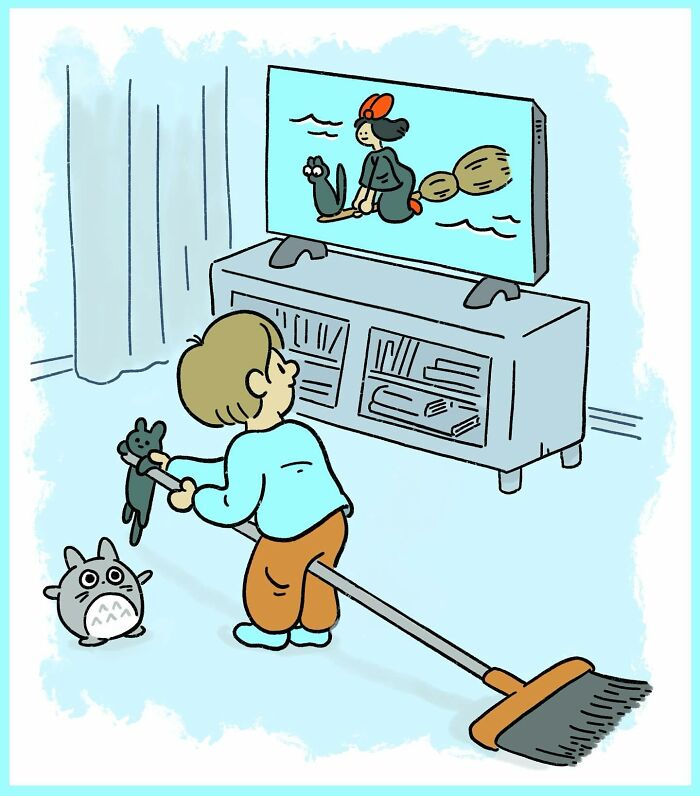 Child pushes broom through pants while watching cartoons on TV; hilariously twisted comic illustration.
