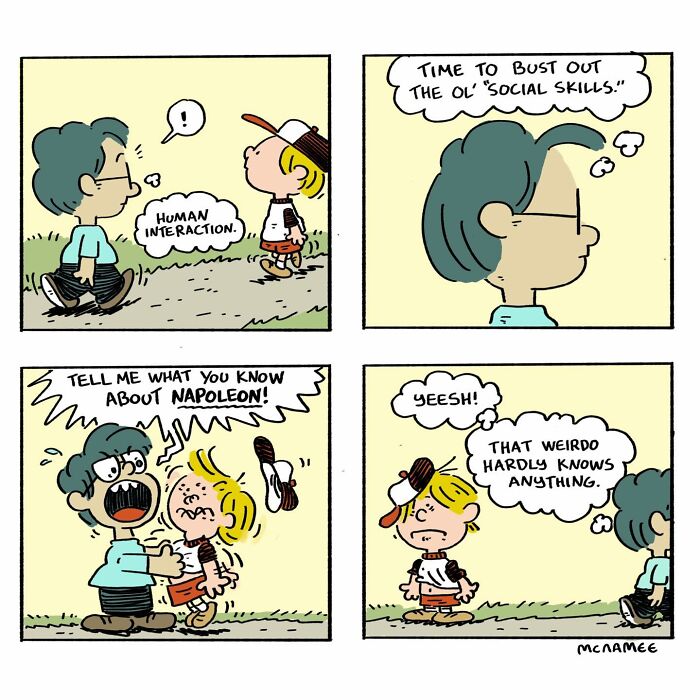 Comic with characters humorously discussing Napoleon in a twisted situation.