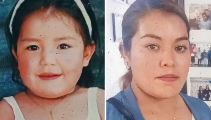 Side-by-side photos showing an abducted child and the same person found decades later as an adult.