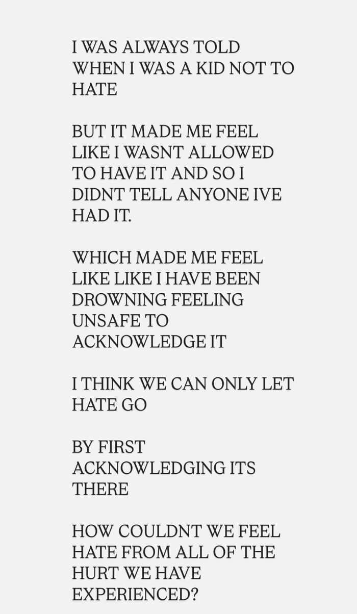 Cryptic text discusses feelings of being "drowning" and coping with hate.