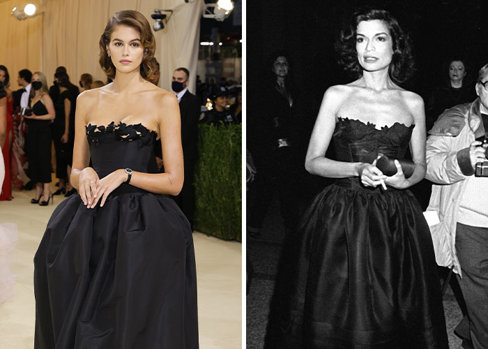 Person in black dress at an event, inspired by an iconic look from the past.