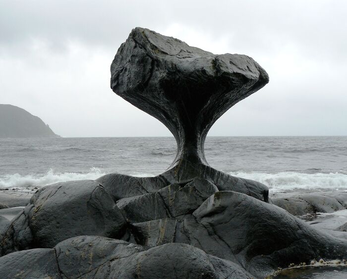 Unique rock formation by the sea, showcasing transformation by time and elements.