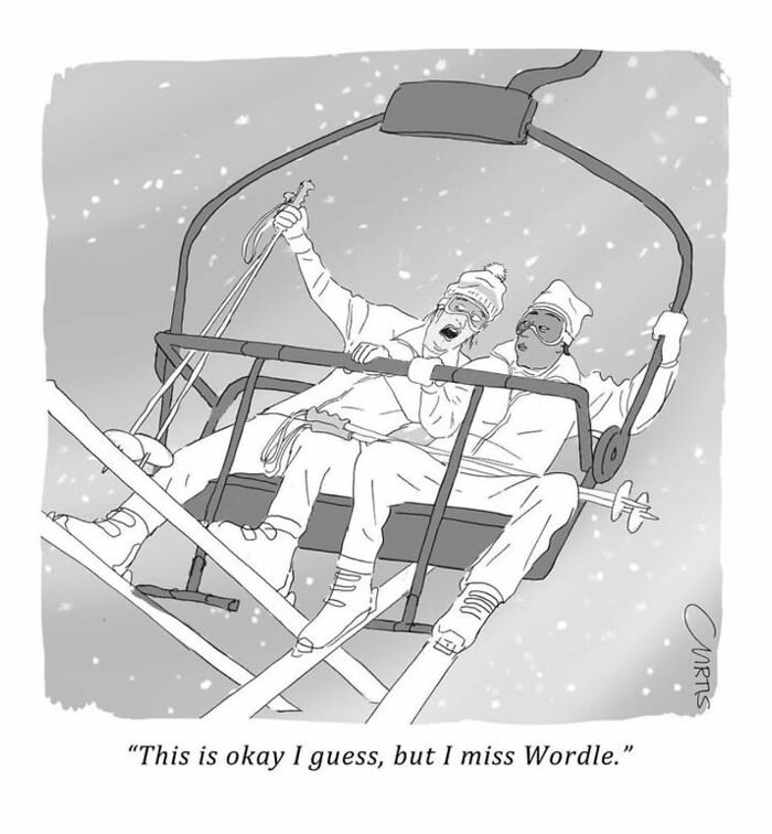 Cartoonist's comic of two people on a ski lift; one remarks about missing Wordle during their ride.
