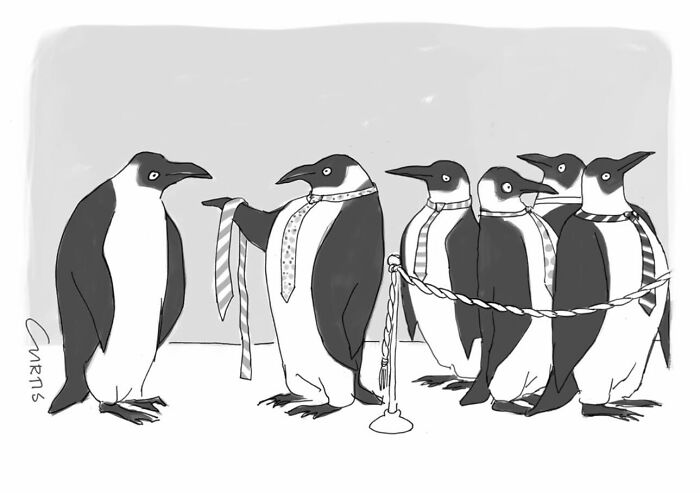 Penguins in ties lined up, one penguin holding a spare tie, reflecting on everyday life in a humorous comic style.