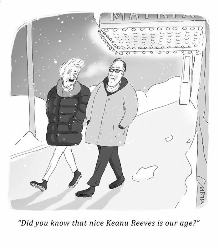 Cartoonist's one-panel comic of two people walking in snow, discussing Keanu Reeves' age with cinema in background.