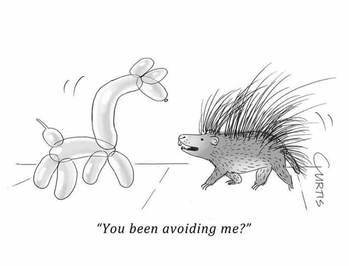 Balloon animal and porcupine in a comic reflecting on everyday life humor.