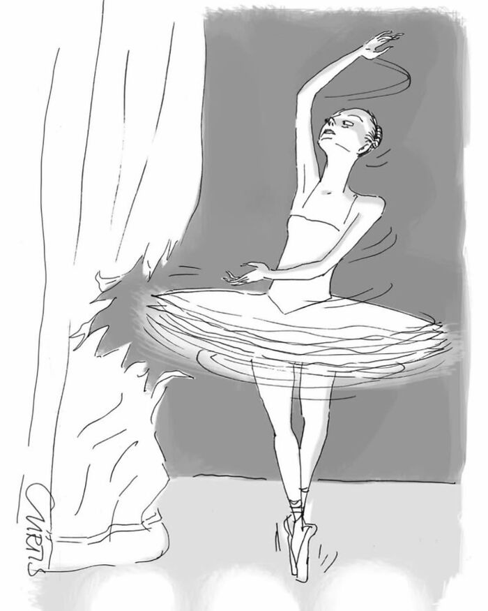 Cartoonist's one-panel comic of a ballerina's skirt sweeping a curtain, reflecting on everyday life.