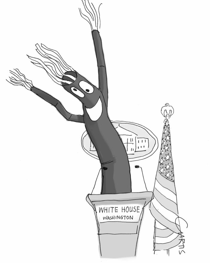 A cartoonist’s one-panel comic shows a dancing inflatable figure at a White House podium.