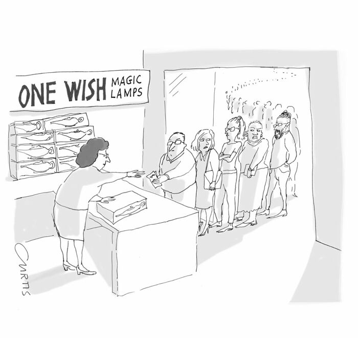 Customers in line at a magic lamp store, reflecting on everyday life in a one-panel comic.