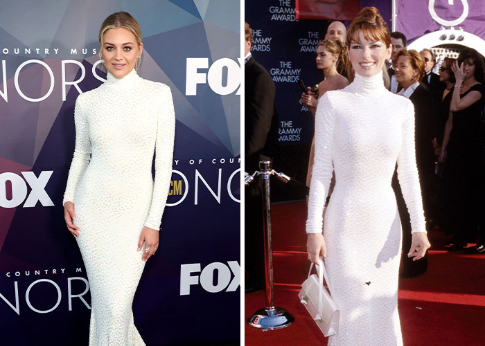 Two women wearing similar white gowns at different events, highlighting recreated iconic looks sparking controversy.