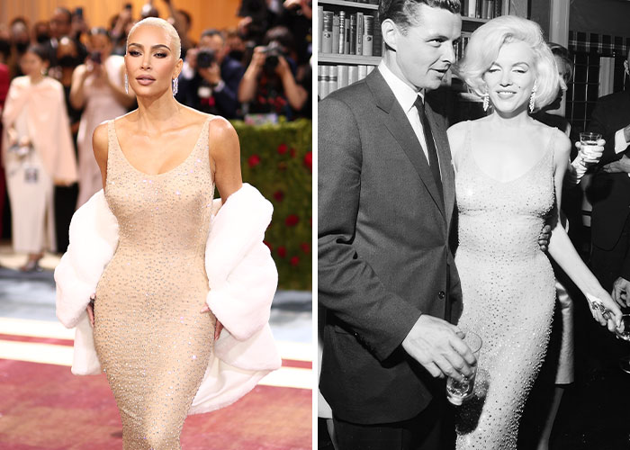 Celebrity sparking controversy by recreating iconic look, wearing a shimmering dress similar to a classic Hollywood style.