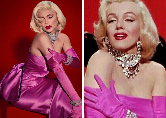 A person in a pink gown and gloves, recreating an iconic look from the past with glamorous jewelry.