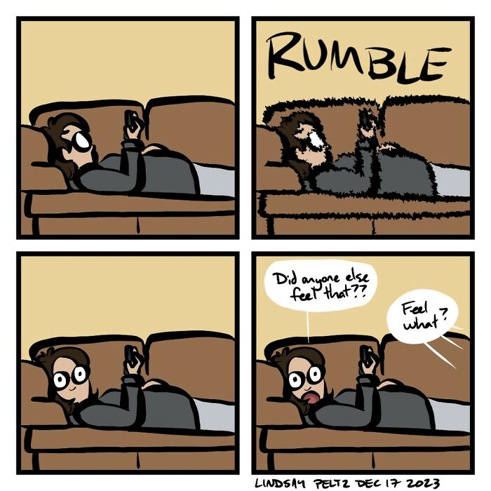 Comic strip illustrating life's struggles with a person lying on a couch, startled by a rumbling sound, and looking confused.