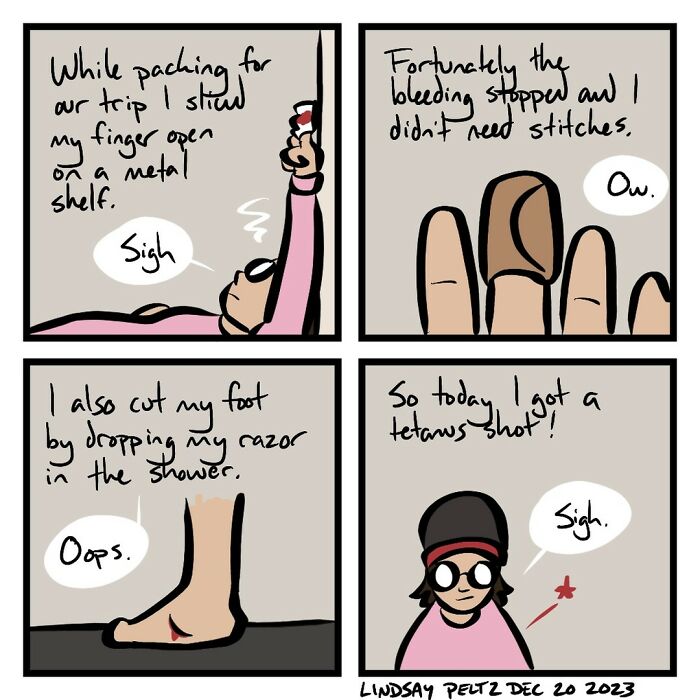 Comic strip illustrating life's struggles with minor injuries and a tetanus shot.