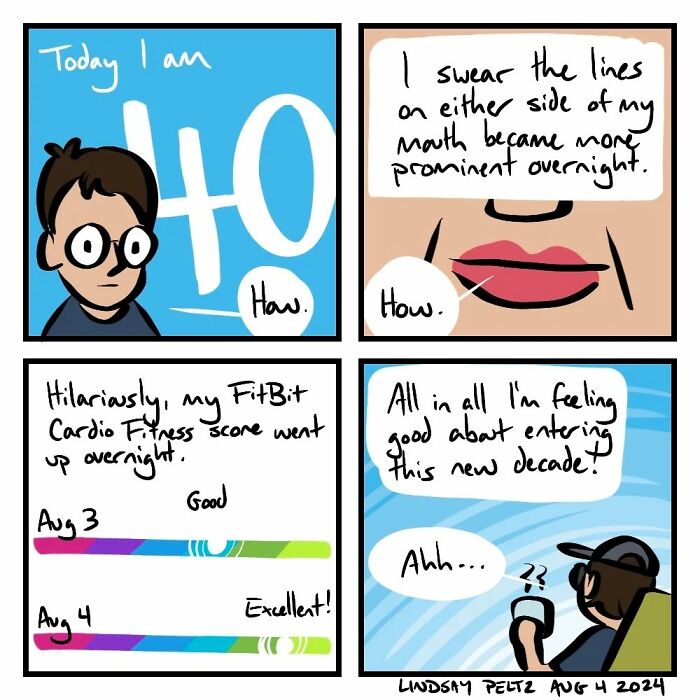 Comic on life's struggles; a person turns 40, noticing age lines and fitness score changes, and reflects positively on aging.