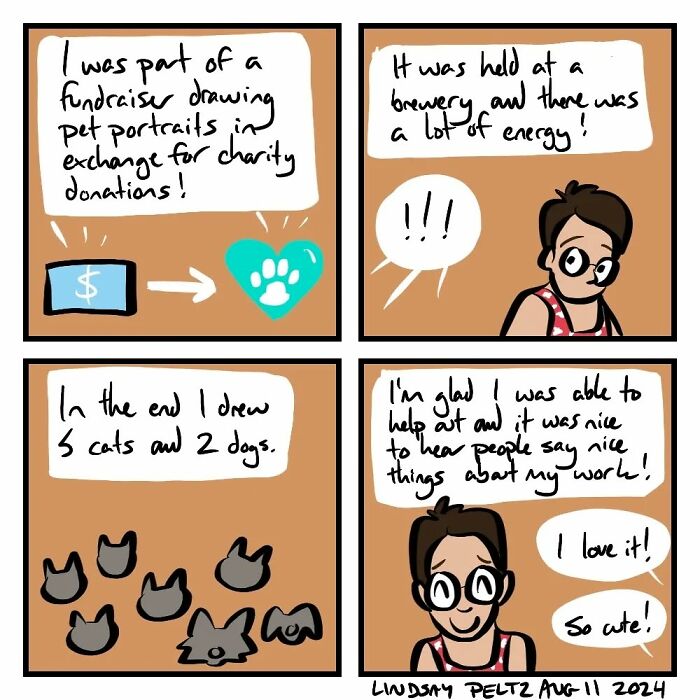 Comic art depicting life's struggles with relatable scenes of an artist drawing pet portraits for charity at a lively brewery.