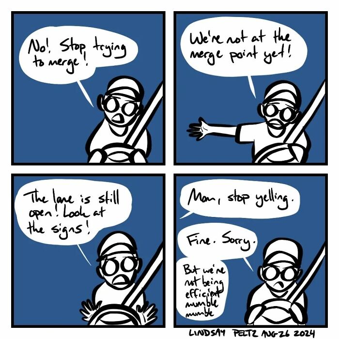 Comic about life's struggles, featuring a driver frustrated while merging, highlighting relatable moments and emotions.
