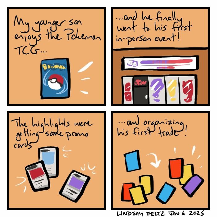 Comic about life’s struggles: a son enjoys Pokémon TCG, attends event, gets promo cards, and organizes a trade.