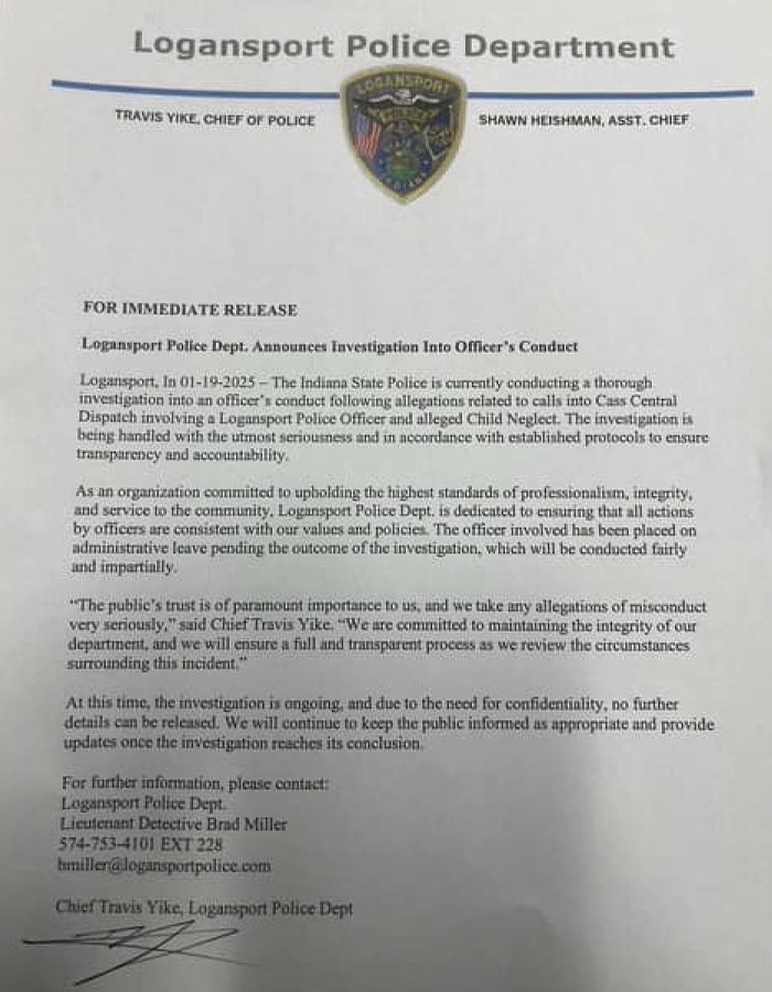 Logansport Police Department press release on investigation into officer's child neglect conduct.