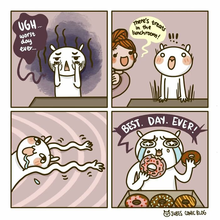 Funny comic showing everyday struggles of love and life; sad character turns happy with donuts in the lunchroom.