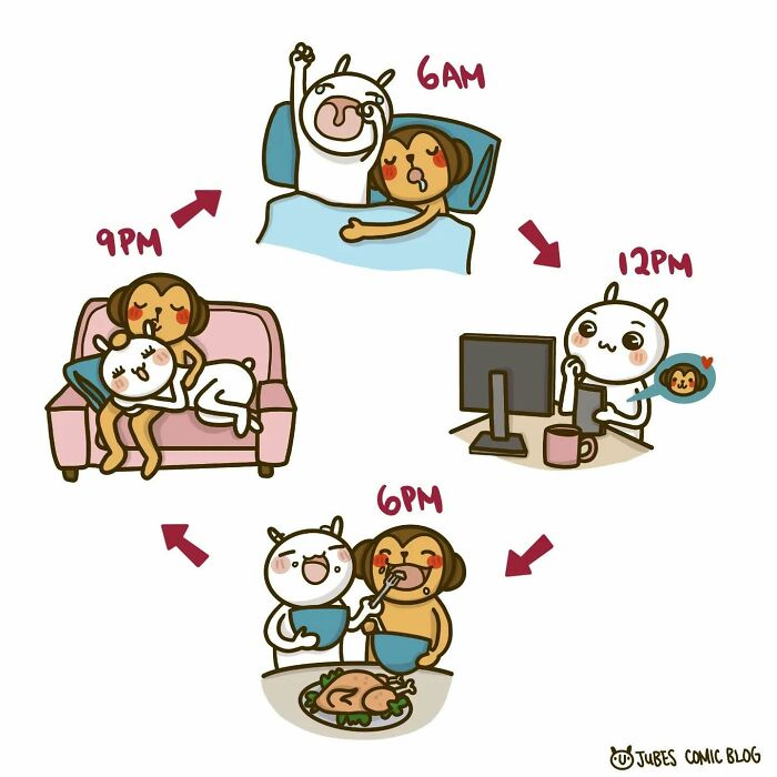 Comic characters humorously navigate daily life and love, illustrating struggles in morning routines, work, and evening cuddles.