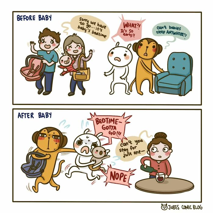 Comic illustrating the everyday struggles of parenting with humorous before and after baby scenarios.