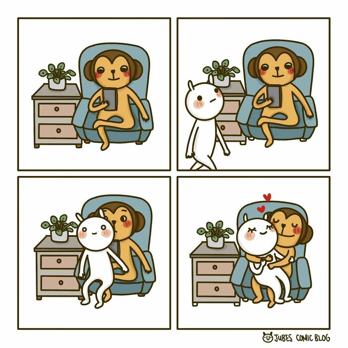 Adorable comic of a monkey and a character expressing love and everyday struggles.