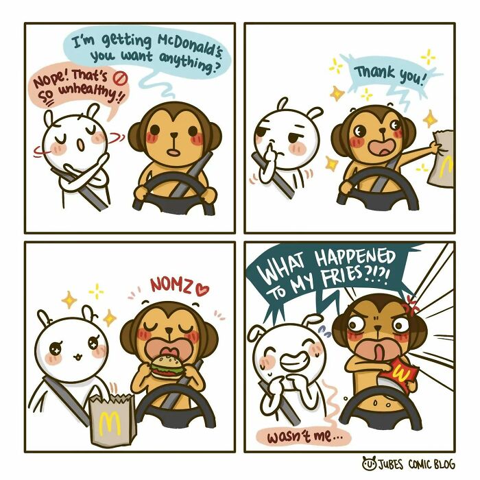 Adorable comic illustrating the everyday struggles of love and life with a funny twist involving McDonald's fries.