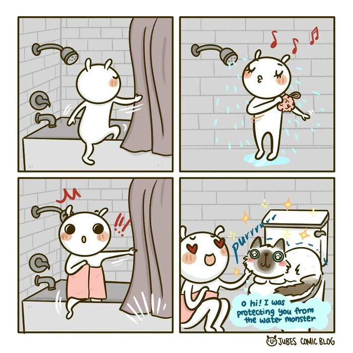 Adorable comic of a character showering and finding their pet cat hiding behind the curtain, highlighting everyday life humor.