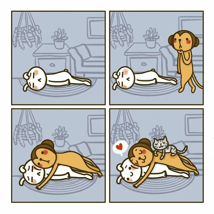 Cute comic illustrating the everyday struggles of love and life with a loving hug and a cat joining in.