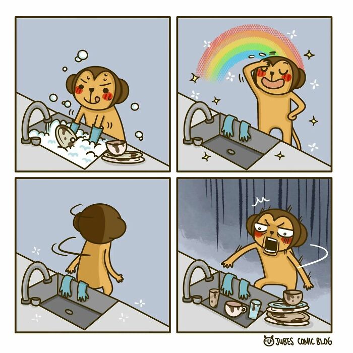 Artist humorously depicts love and life's struggles in a four-panel comic showing dishwashing woes.
