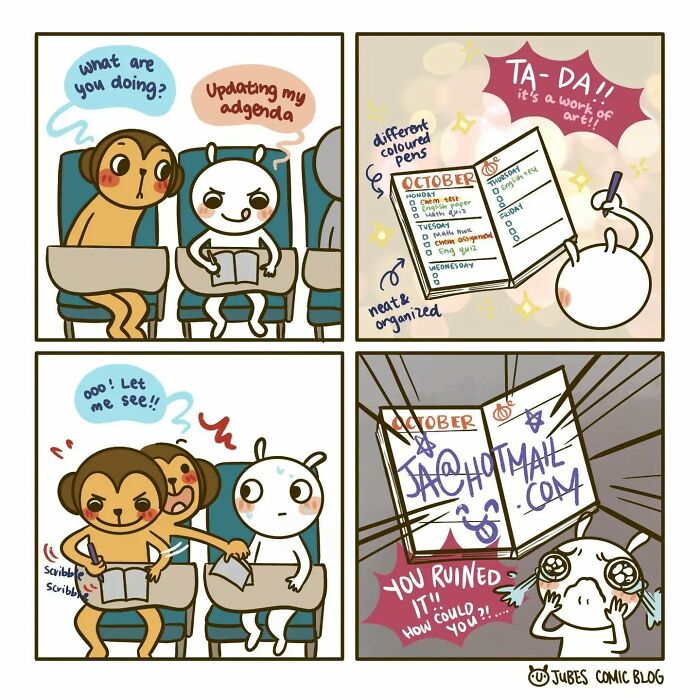 Comic about love and life struggles, showing characters with an agenda, humorously highlighting everyday challenges.