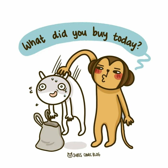 Comic of a monkey asking a sweating rabbit, "What did you buy today?", illustrating love and life struggles humorously.