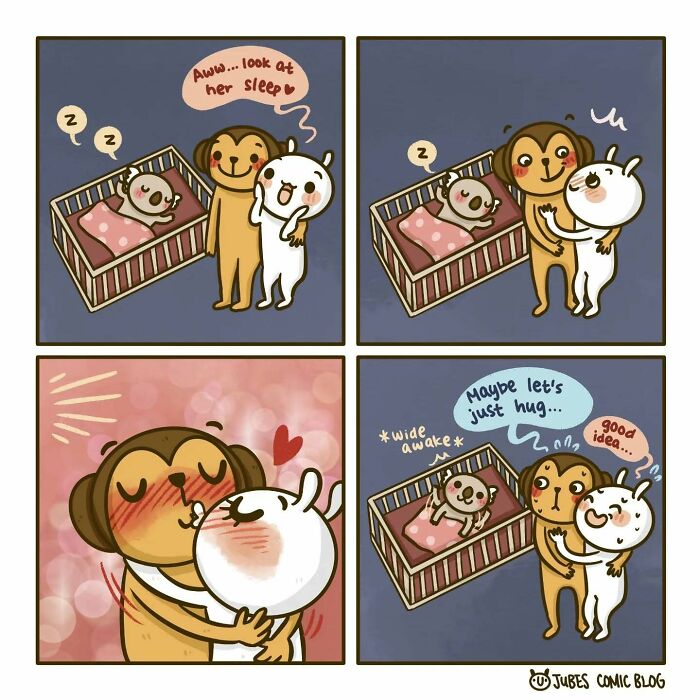 Adorable comic of a dog and bunny couple watching their baby, capturing everyday love and life struggles humorously.