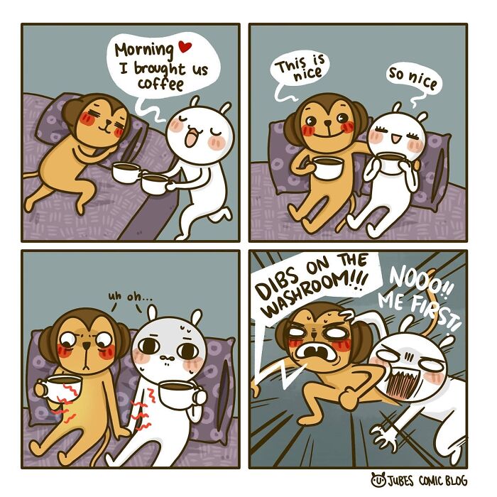 Two cartoon characters hilariously depict everyday struggles of love as they rush for the washroom after enjoying coffee.