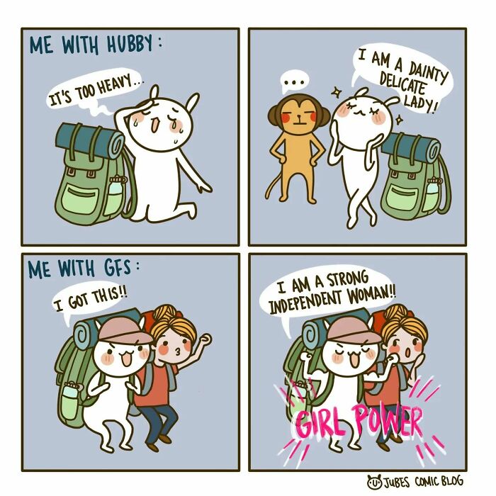 Comic illustrating the everyday struggles of love and life, featuring a humorous comparison between husband and friends.