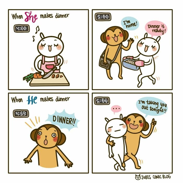 Comic illustrating everyday struggles of love and life with funny dinner scenarios between a couple.