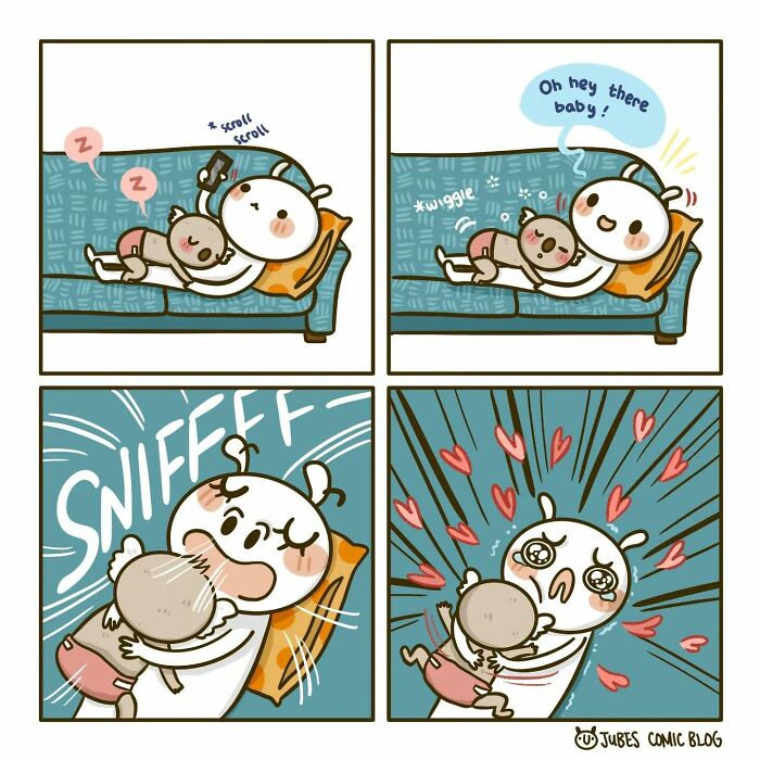Artist's comic captures adorable and hilarious everyday struggles of love on a couch with an affectionate parent and baby.