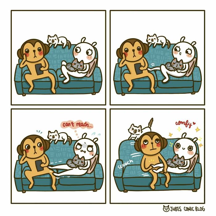 Comic of cute characters struggling to get comfy on a couch, featuring the everyday challenges of love and life.