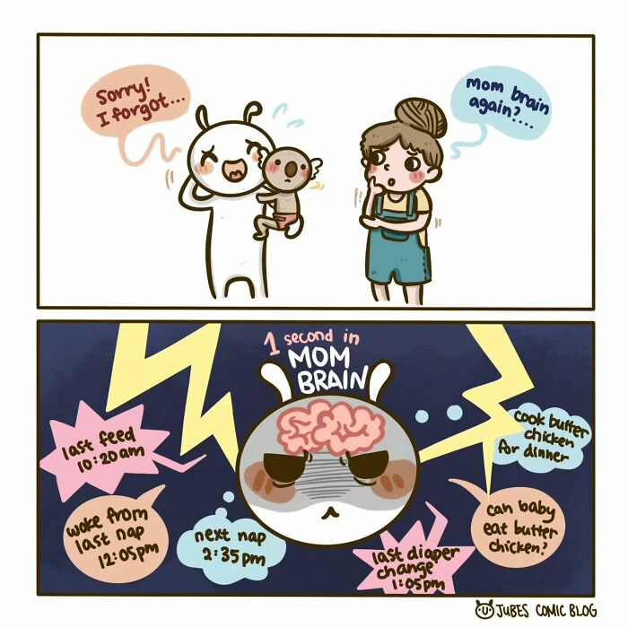 Comic depicting everyday struggles in love and life, showing a frazzled character with "mom brain" juggling tasks.