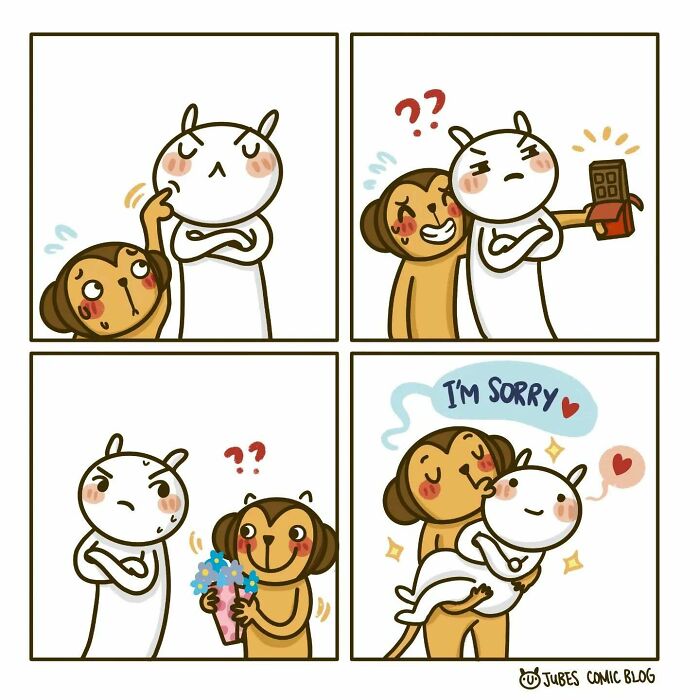 Adorable comic capturing everyday struggles of love and life with characters expressing emotions and making up.