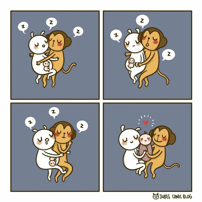 Adorable comic of two characters and a teddy bear, showcasing everyday love and life struggles.