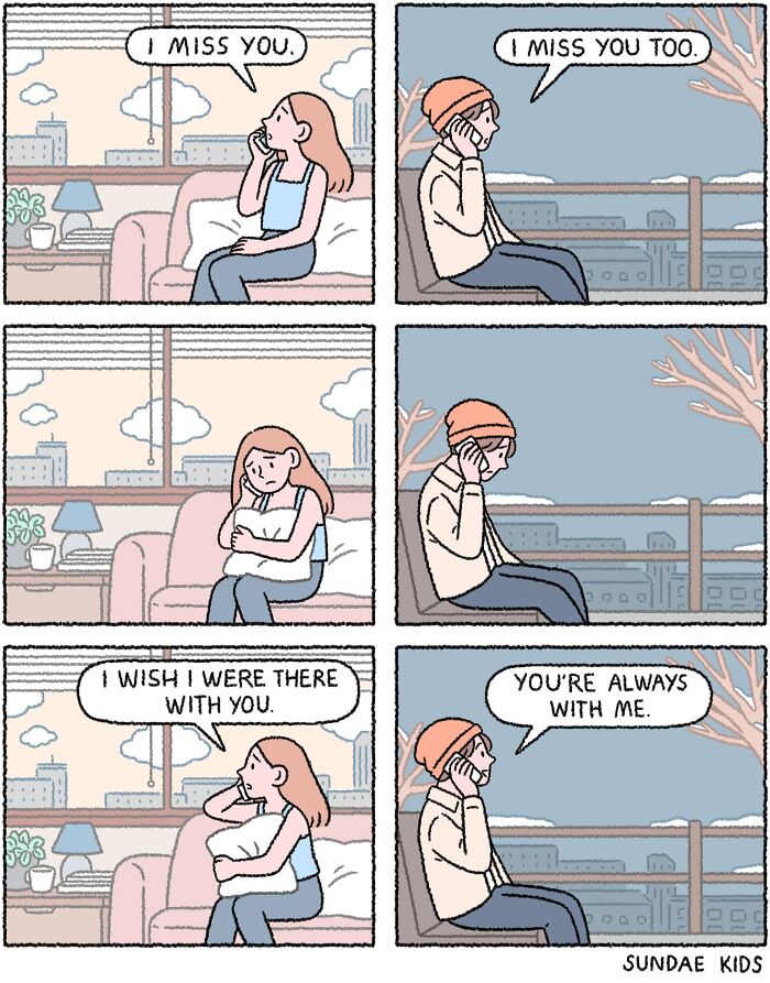 Sundae Kids comic depicting a couple expressing love and modern anxiety over the phone.