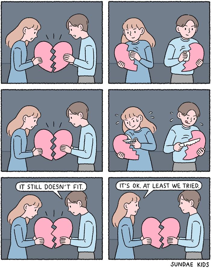 Couple attempts to fit together a broken heart in Sundae Kids comic, illustrating love and anxiety.