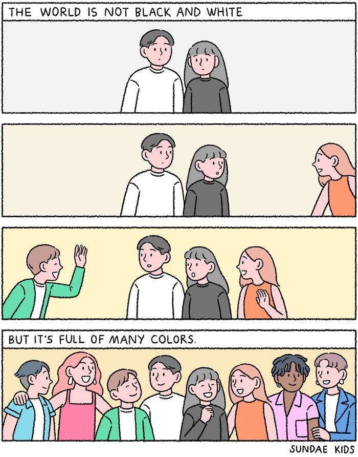 Comic illustrating love and modern anxiety, diverse group of friends in colorful clothing by Sundae Kids.