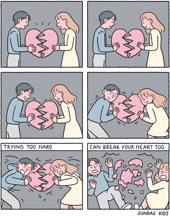 Couple struggles to fix a broken heart in Sundae Kids comic, exploring love and anxiety.