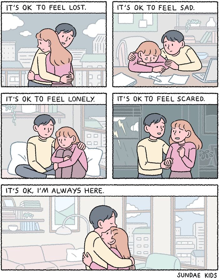 Cute comic by Sundae Kids showing love and support, addressing feelings of anxiety and offering comfort.