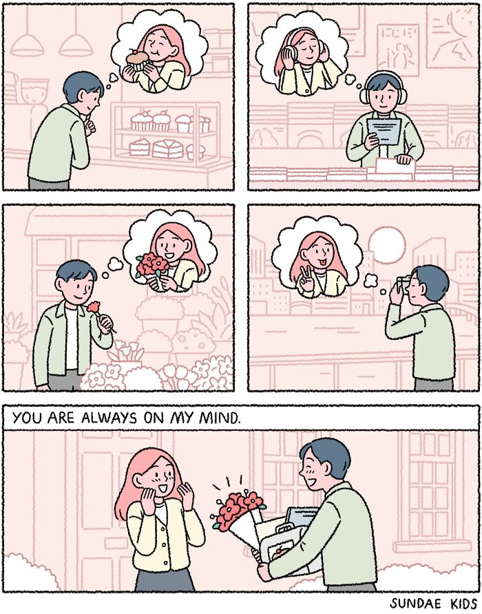 Cute comic by Sundae Kids showing a couple thinking about each other's love through daily activities.