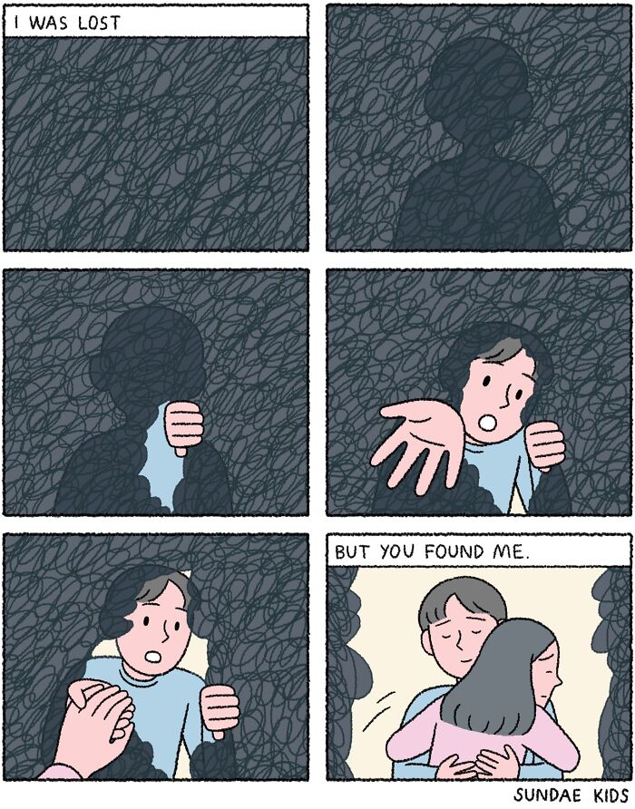Comic about love and anxiety by Sundae Kids: a person emerges from darkness into an embrace.